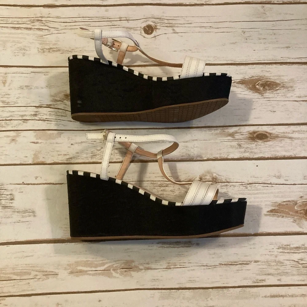 Kate Spade Black and White Stripes Wedge Heel Sandals Size 9.0